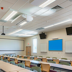 Modern Classroom Scene with Smartboards and Interactive Learning Tools