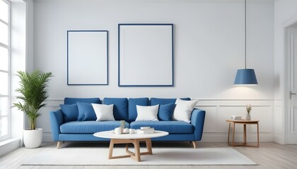 Interior mockup In a white room a blue sofa is placed next to a photo frame on the wall