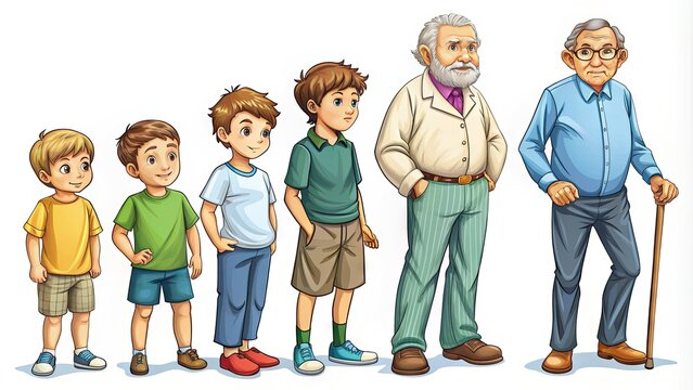 From infancy to old age, a series of illustrations depicting the various stages of human growth and development, showcasing emotional and physical transformations.