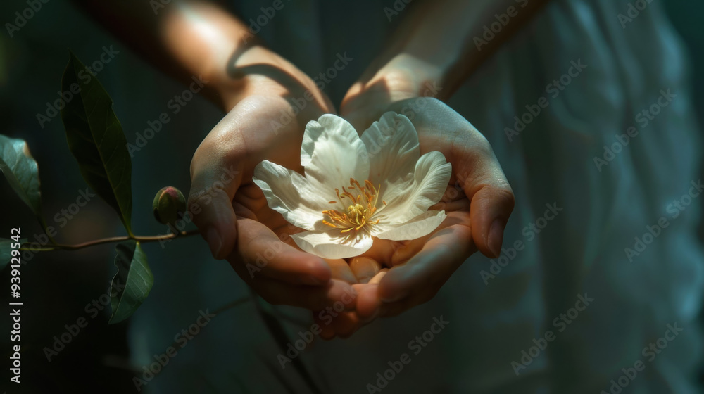 Wall mural A person is holding a white flower in their hands