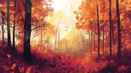 Obraz premium Artistic Interpretation of a Forest in Autumn Colors: A Vibrant and Imaginative Depiction of Fall Foliage. This Artwork Showcases the Rich Palette of Autumn with Abstract and Expressive Brushstrokes, 
