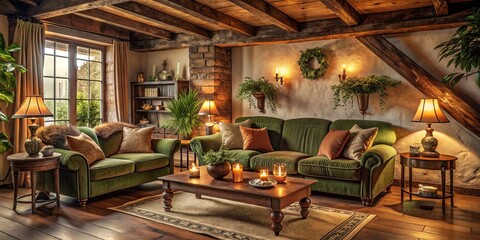 Worn wooden beams and vintage decor surround a plush velvet sofa in muted earth tones, softened by candlelight and capturing the warm golden hours of a countryside evening.