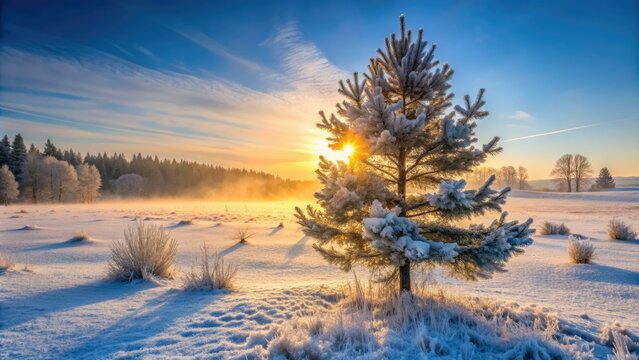Frosty morning mist swirls around a solitary evergreen tree, its branches etched in frost, as the sun rises over a frozen winter landscape.