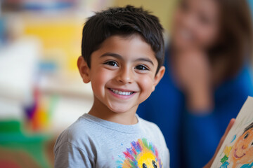 A young boy is smiling and holding a book