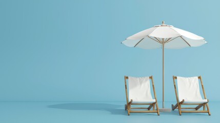 Two colorful beach chairs and a parasol for relaxing on isolated blue background with copy space.