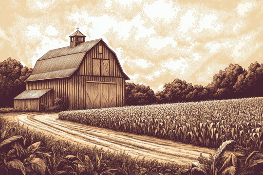 Old wooden barn is standing in a cornfield with a dirt road leading to it in this retro style engraving illustration