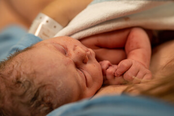 A touching scene of a newborn baby wrapped in a white blanket, being held close by a parent in a hospital room. The tender care and bonding during the first moments of life.