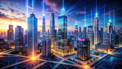 Obraz premium Futuristic digital cityscape with sleek skyscrapers, glowing circuits, and neon-lit networks, representing technology advancement and futuristic urban development in a futuristic world.