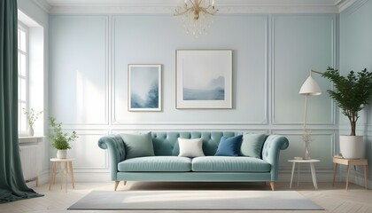 Interior mockup In a white room a blue sofa is placed next to a photo frame on the wall