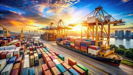 Giant cargo containers stacked on a freight ship in a busy port, with cranes and industrial machinery in the background, under a sunny sky.