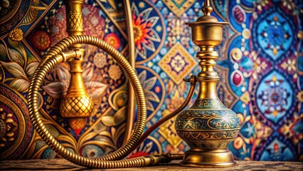 Fototapeta premium Gilded water pipe with intricate patterns and ornate details, filled with fragrant tobacco, set against a decorative backdrop, evoking a luxurious Middle Eastern ambiance.