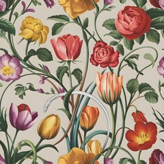 Obraz premium Vibrant botanical wallpaper with colorful tulips, roses, and pansies in a vintage style, featuring lush green foliage and intricate floral details on a light, neutral background.