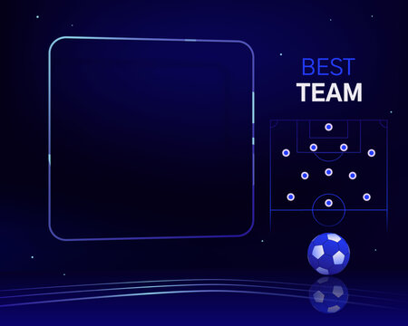 Best team analysis, football pitch diagram and team position. Vector frame template, soccer ball, high contrast background, bright colors. Award, game diagram, blog post, social media, banner.
