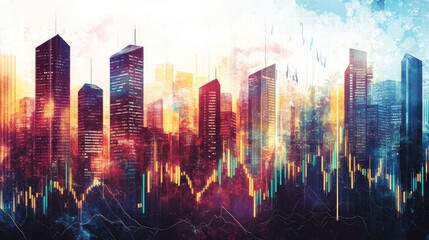 Fototapeta premium A dynamic cityscape illustration depicting business success and financial growth, with tall buildings and upward-moving graphs.