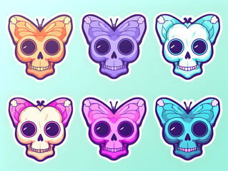Fototapeta premium Skull and Butterfly kawaii stickers with vibrant color