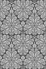 Vector vintage seamless pattern with white ornate lace on gray background. Surface design of delicate flourish floral ornament for fabrics and wrapping paper