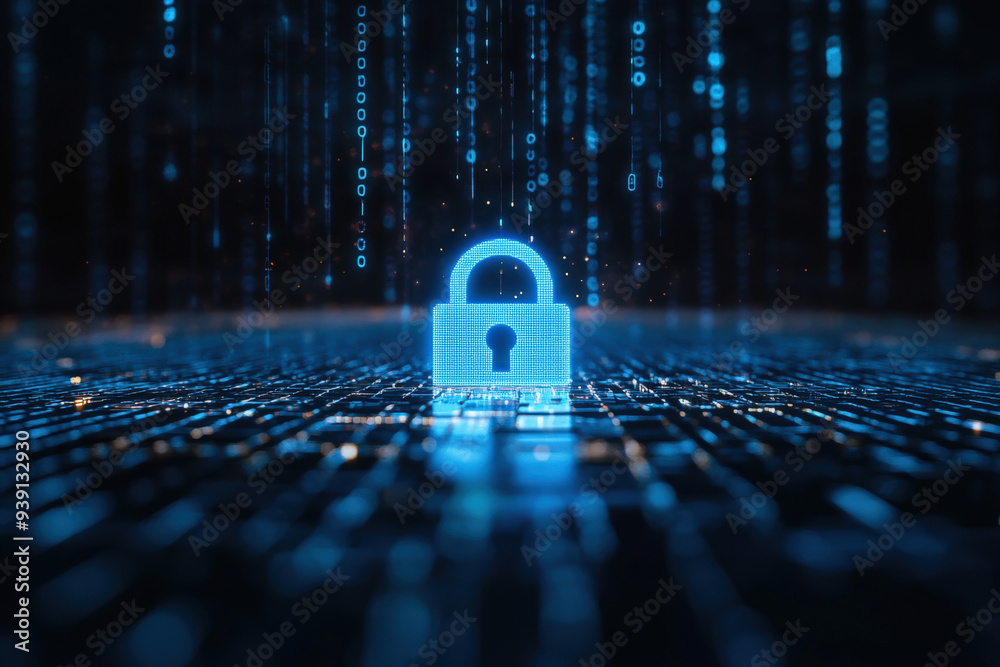 Poster glowing digital padlock icon protecting data traffic on a futuristic motherboard with binary code ra
