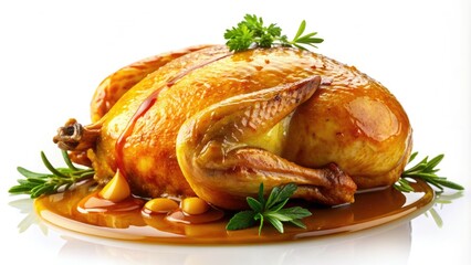 Golden-brown roasted chicken icon isolated on a white background, juices dripping from crispy skin, perfect for culinary and food-related graphics and designs.