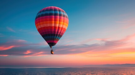 Obraz premium Colorful hot air balloon floating over the ocean during a stunning sunset with vibrant sky and clouds, creating a serene and magical scene.
