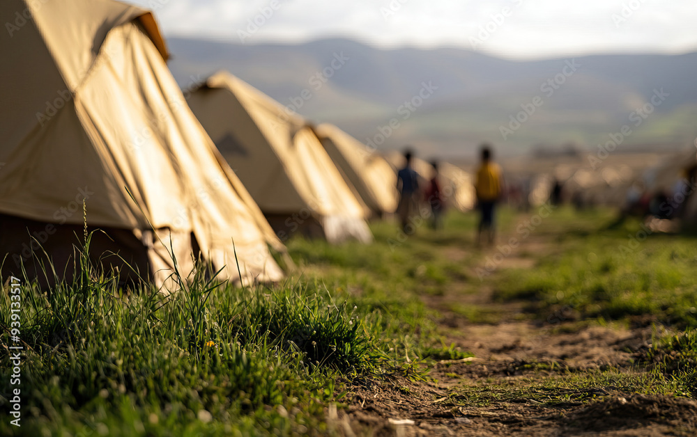 Wall mural line of tents in a grassy field with people walking in the distance, mountains visible in the backgr