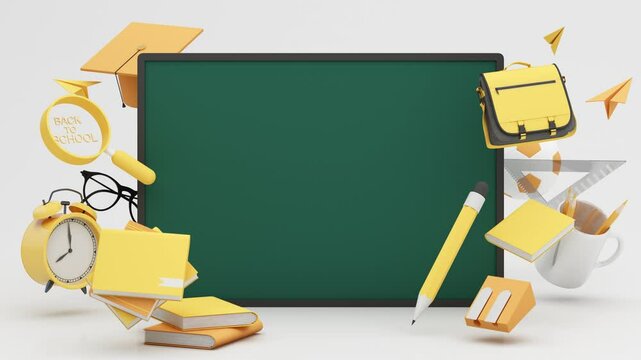 Back to school concept template design. With a cartoon 3d render design style. white background design with school bag, paper note book and stationery elements. time to go back to school. education