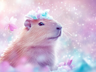 Capybara on pastel pink and blue backdrop with snowflakes, ice particles, and water splashes, evoking a whimsical blend of winter's chill and spring's refreshing bloom.