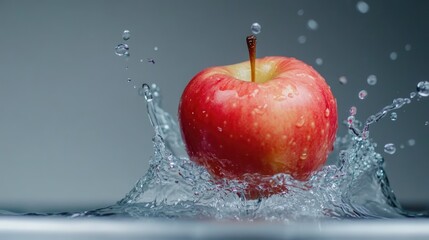 apple falling into water, slow motion splash, depth of field