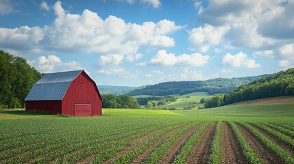 Obraz premium A picturesque red barn stands amidst lush green fields under a vibrant blue sky filled with fluffy clouds.