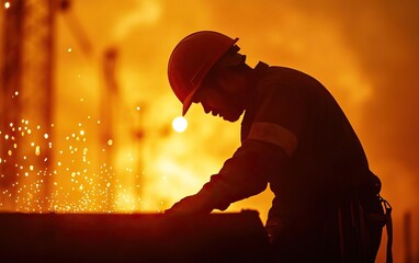 A silhouette of a worker in a safety helmet, sparks flying against a fiery backdrop, representing hard work and dedication.