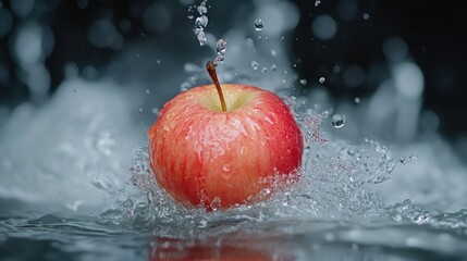 apple falling into water, slow motion splash, depth of field