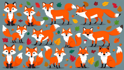 sticker set, different cute fox