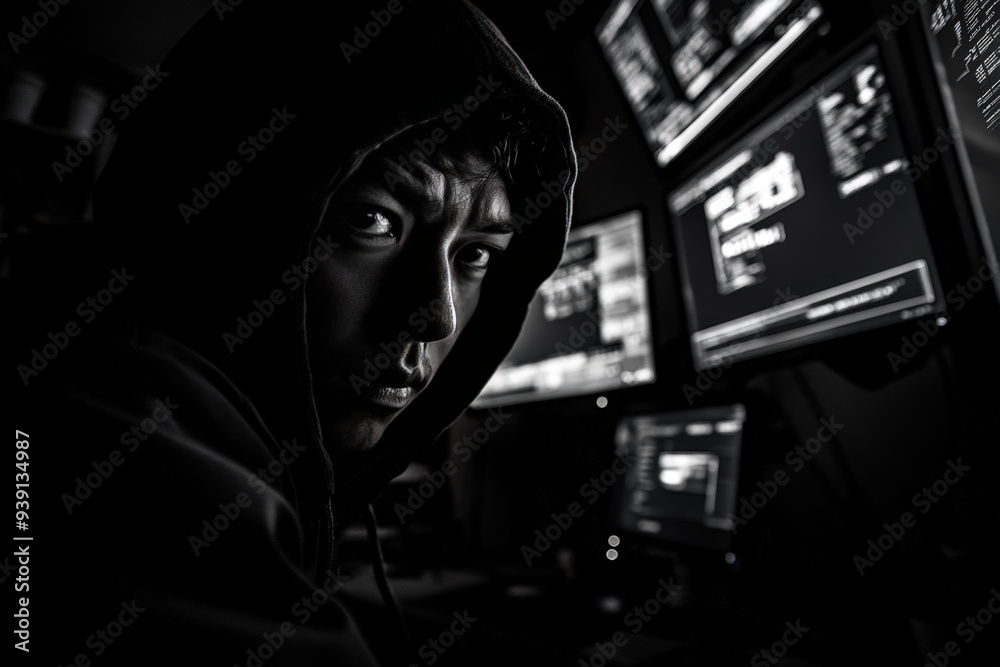 Poster hacker breaking through system security with multiple monitors