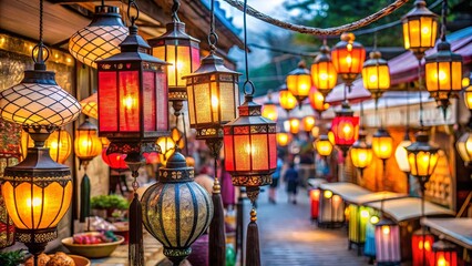 Obraz premium Traditional Asian street market with lantern lamp decoration in a suburban area