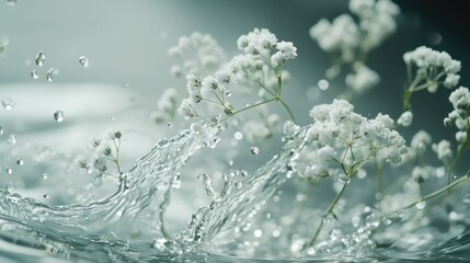 Fototapeta premium baby's breath flowers falling into the water, slow motion splash, depth of field