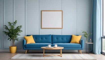 Interior mockup In a white room a blue sofa is placed next to a photo frame on the wall