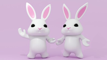 A 3d rendering of cute white rabbits in the 3D rendering are happily frolicking isolated on the studio background