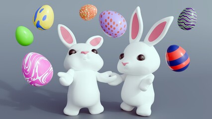 The adorable 3D renderings of white rabbits are playfully chasing and nibbling on colorful Easter eggs in the isolated background.