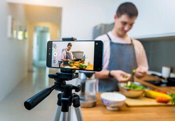 The chef is broadcasting live from workshop how to prepare a spicy glass noodle salad