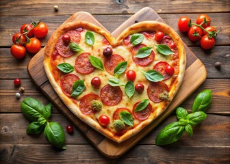 pizza in the shape of a heart with tomatoes and basil