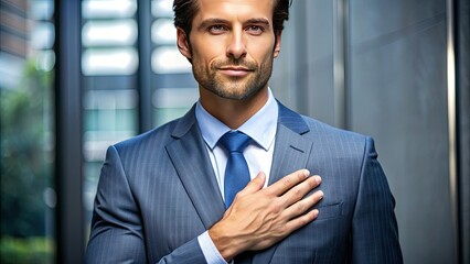 Handsome businessman places hand on heart, making a solemn promise, conveying trust, commitment, and reliability in a professional and personal setting.