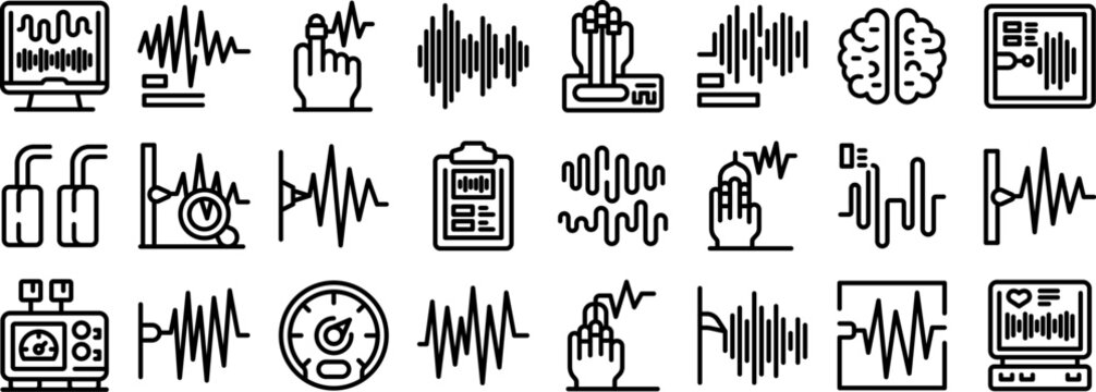 Lie detector test icons set. Various icons representing the measurement of brain activity using electrodes, sensors and other medical equipment