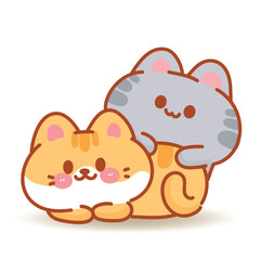 A cute gray cat is clinging onto the back of an orange cat. Cartoon hand drawn vector illustration