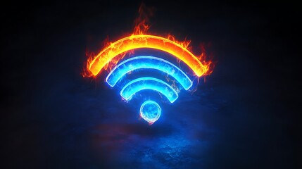 visually striking image featuring a blue wifi symbol with an orange glow surrounding it, set against a dark background that enhances the vibrant colors