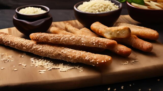  Deliciously baked breadsticks served with a side of rice and sauce