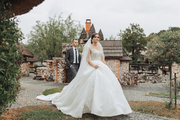 A bride and groom stand in front of a castle, with the bride wearing a white dress. The castle is surrounded by trees and bushes, and there is a fence in the background