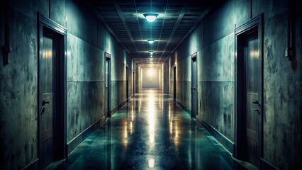 Fototapeta premium Eerie, dimly lit corridor with haunting shadows, creating a sense of mysterious dread and spooky creepiness