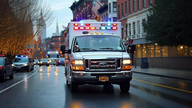 Emergency response in action on a rainy City street with iconic skyline at twilight