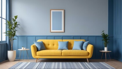 Interior mockup In a white room a blue sofa is placed next to a photo frame on the wall