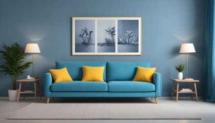 Interior mockup In a white room a blue sofa is placed next to a photo frame on the wall