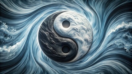 Harmonious balance of opposing forces depicted through intertwined black and white swirls, symbolizing ancient Chinese philosophy's concept of unity and duality.